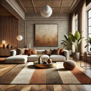 A contemporary living room featuring a stylish ear | Tapetes de Qualidade e Elegância