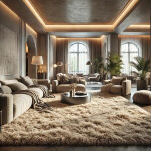 A cozy and elegant living room where a plush shag | Tapetes de Qualidade e Elegância