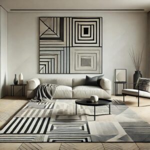 A minimalist living room featuring a geometric pat | Tapetes de Qualidade e Elegância