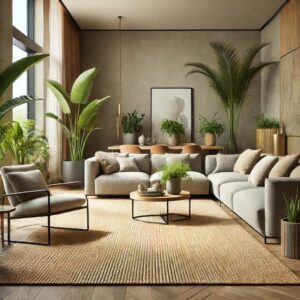 A modern and elegant living room featuring natural | Tapetes de Qualidade e Elegância